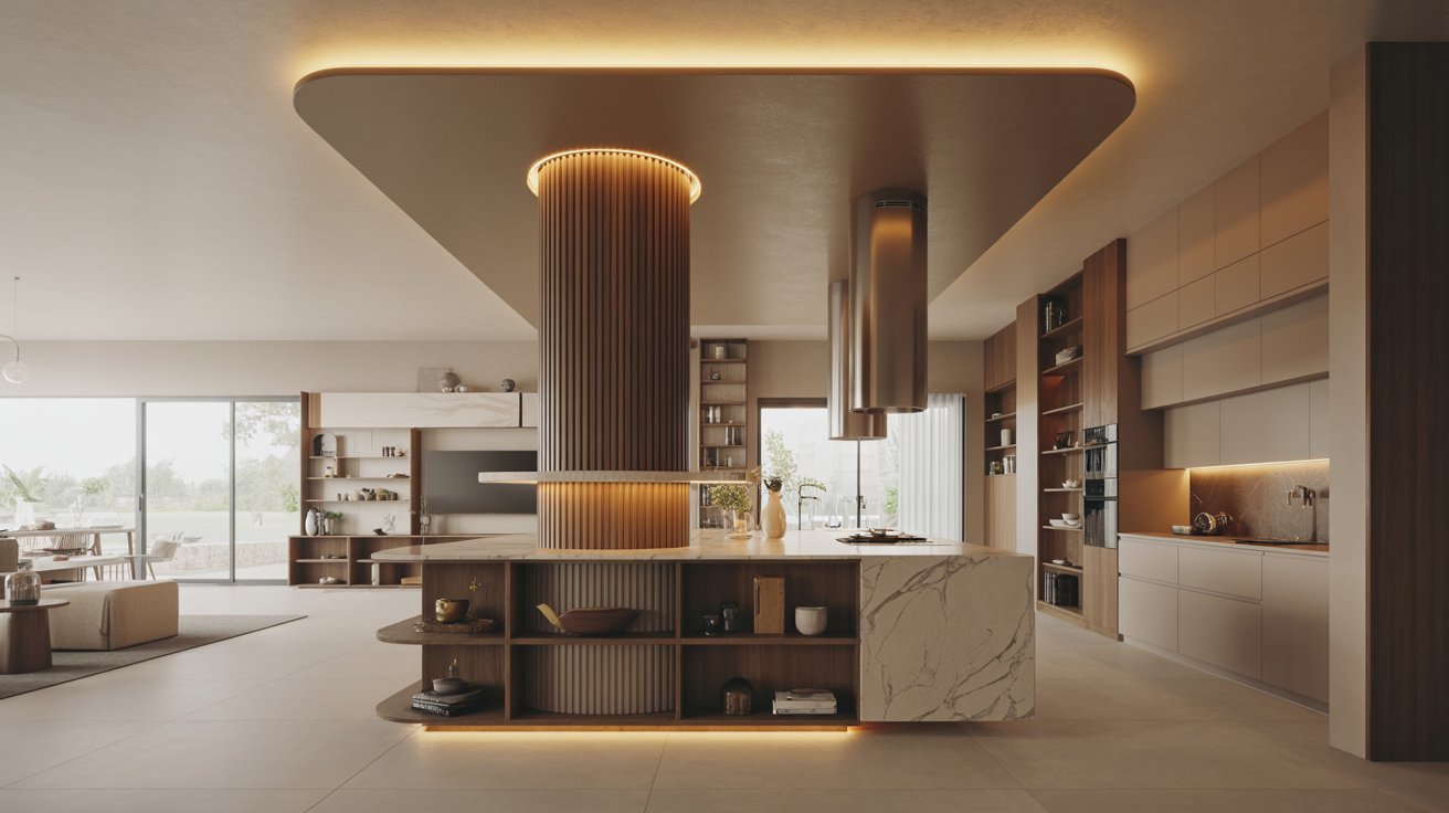  A modern kitchen featuring a spacious island with a sleek marble countertop, showcasing contemporary design elements.?