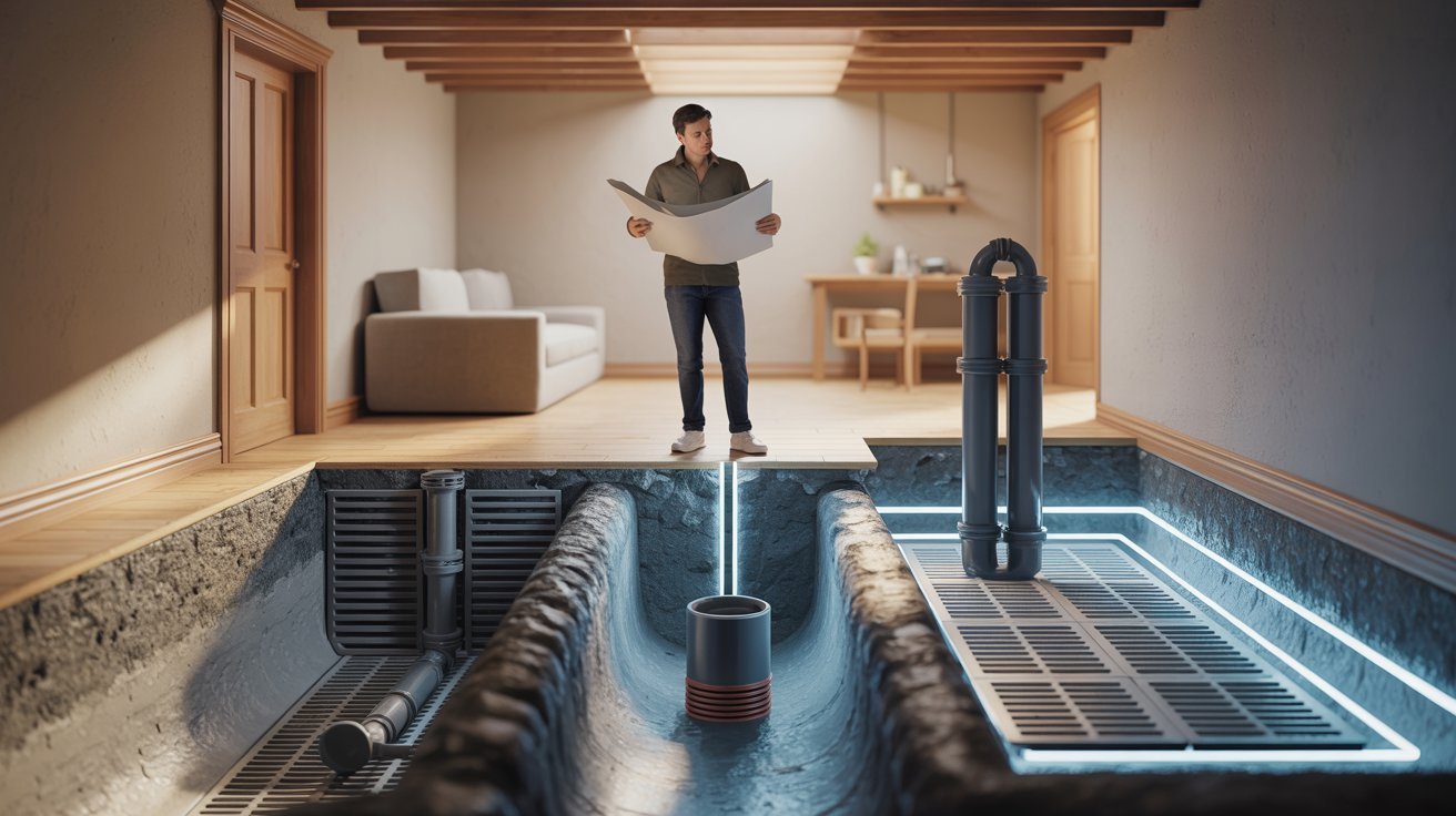 A man stands in a room, holding a pipe near a drain, surrounded by construction materials.
