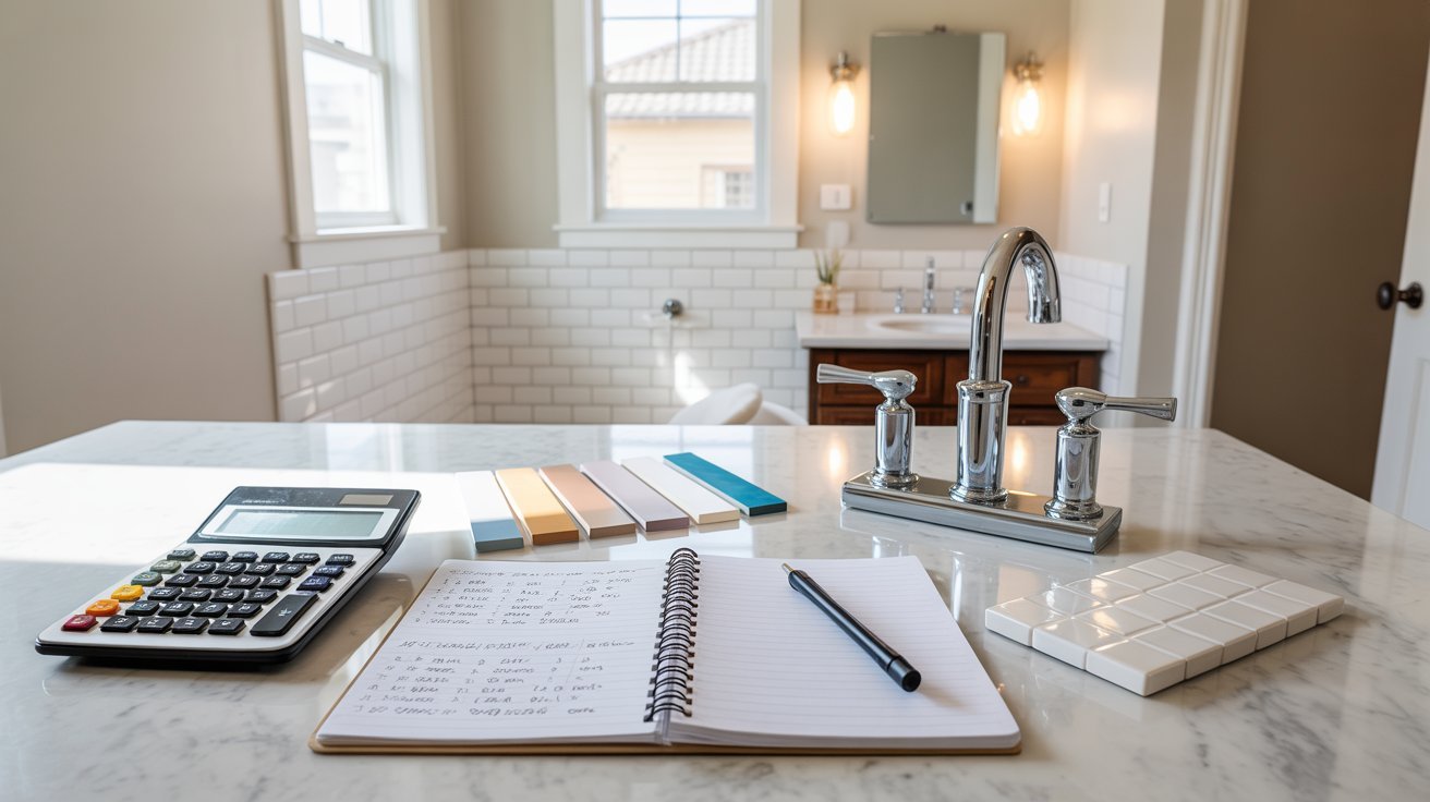A calculator, pen, and notepad arranged neatly on a countertop, suggesting a workspace for calculations and note-taking.