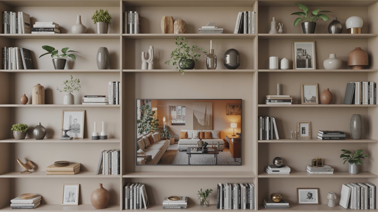 An interior space showcasing a spacious bookshelf and a stylish mirror reflecting the room's ambiance.