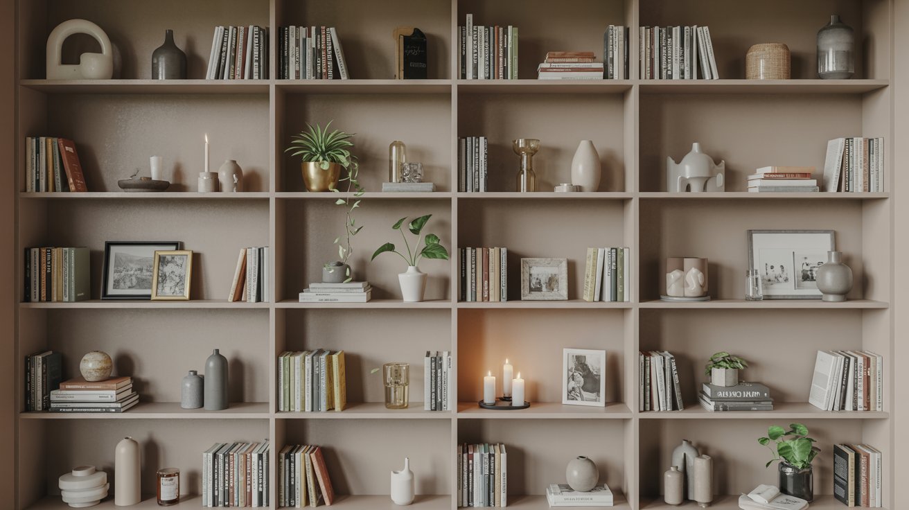 A cozy room featuring tall bookshelves filled with books and flickering candles casting a warm glow.