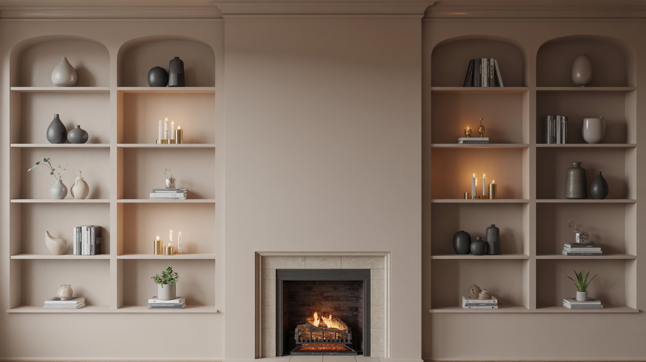  A cozy fireplace surrounded by shelves and candles, creating a warm and inviting atmosphere in the room.
