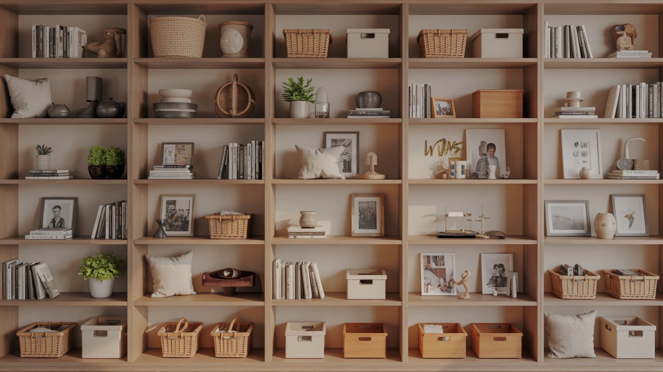 A room featuring shelves stocked with a variety of items, creating a cluttered yet organized appearance.