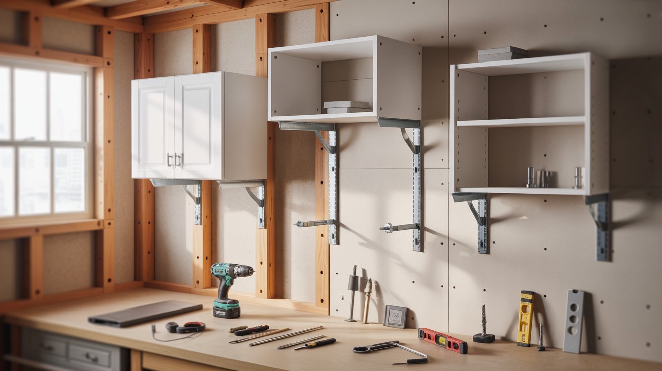 A workbench filled with various tools and shelves stocked with equipment, showcasing a well-organized workspace.