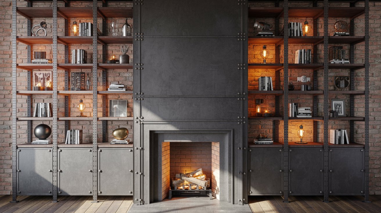 Industrial Built Ins Around Fireplace with Metal Accents