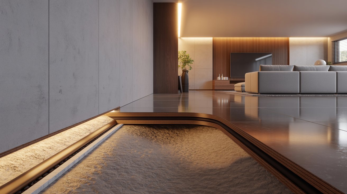 A contemporary living room featuring a large sand pit, surrounded by modern furniture and bright, airy decor.