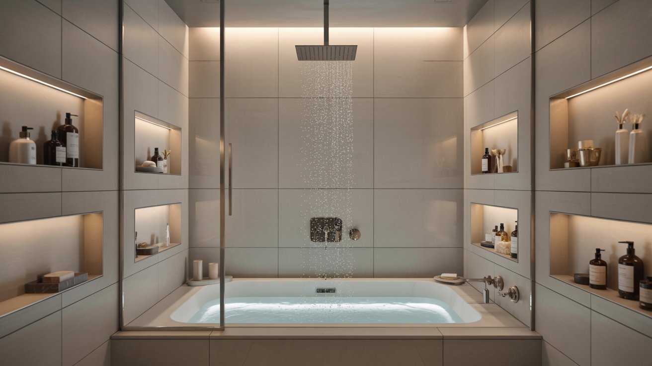 A modern bathroom featuring a sleek shower and a contemporary sink, showcasing minimalist design elements.