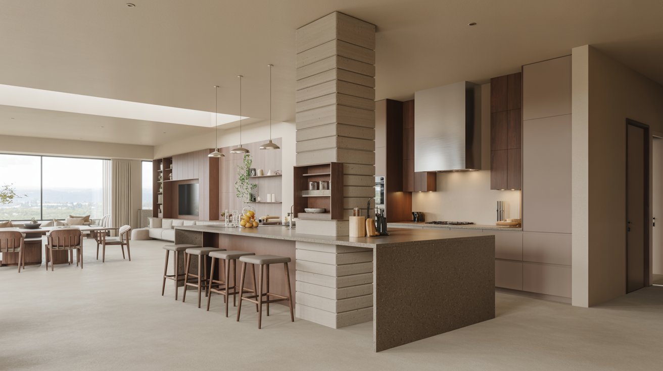 A modern kitchen featuring a large island and a cozy dining area, showcasing sleek design and contemporary furnishings.
