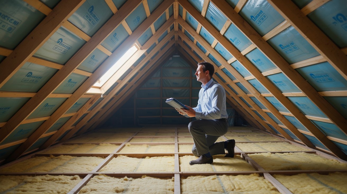 A man kneels in an attic surrounded by insulation, inspecting the space for maintenance or repairs.