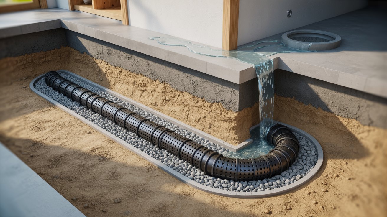 A pipe is draining water from a house, directing it away from the foundation to prevent flooding.
