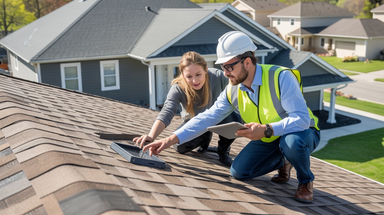 A man and woman on a rooftop, both focused on a tablet, sharing insights and discussing information together.

