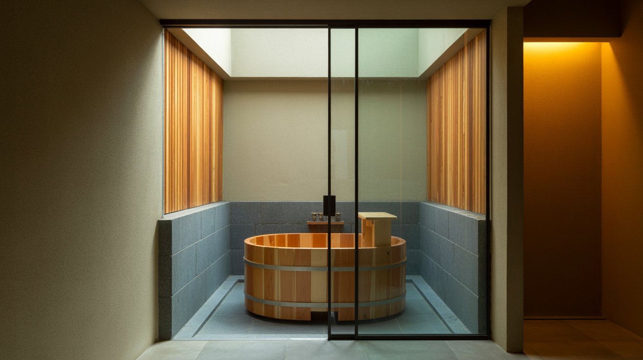 . A rustic wooden bathtub sits in a compact room, creating a warm and inviting atmosphere.