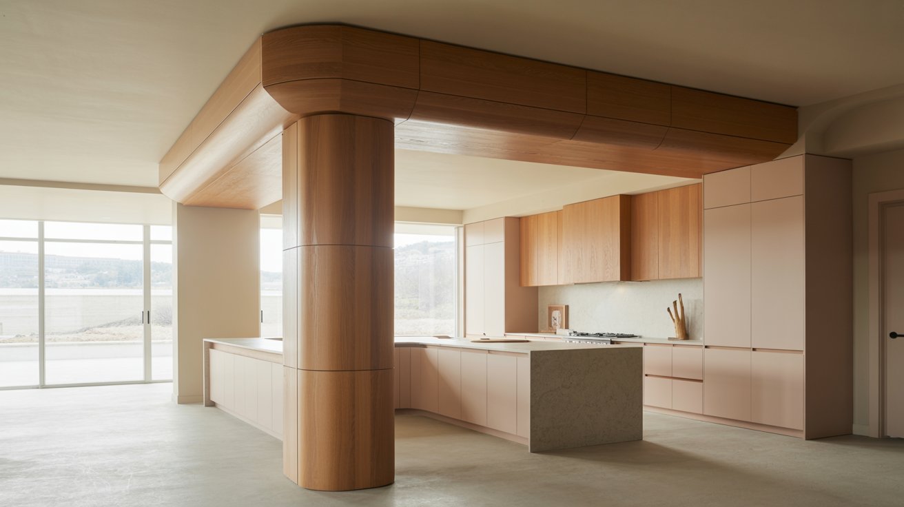 A modern kitchen showcasing a wooden column in the middle, adding architectural interest to the cooking space.