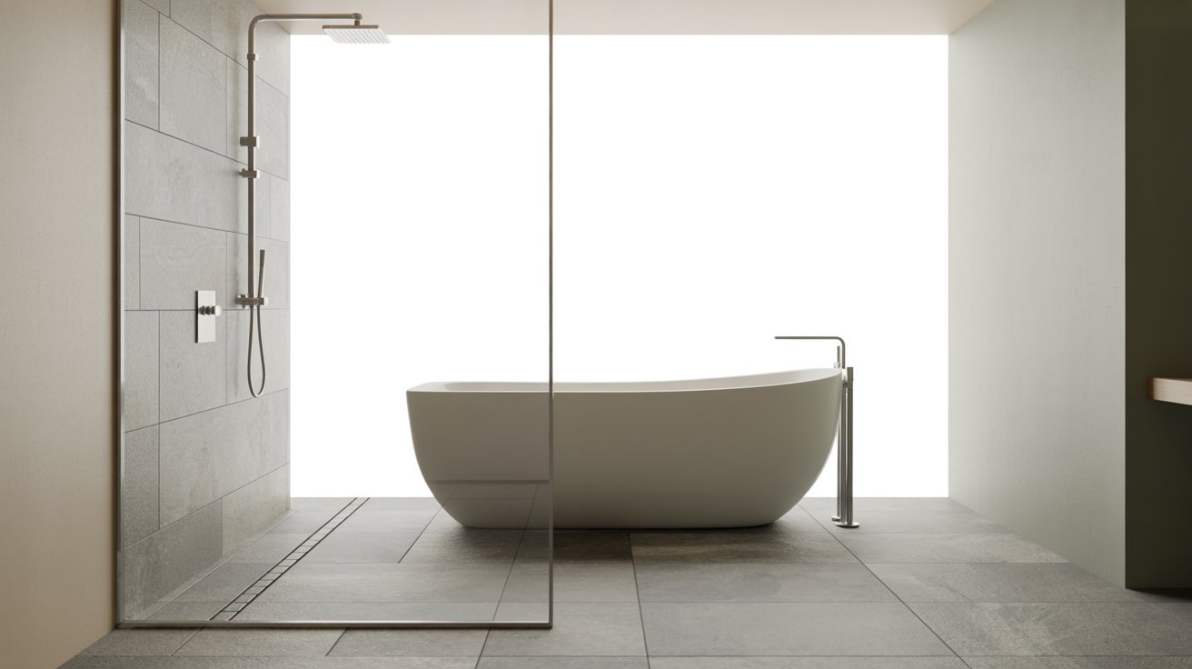 A modern bathroom featuring a spacious tub and a sleek shower, designed for comfort and relaxation.