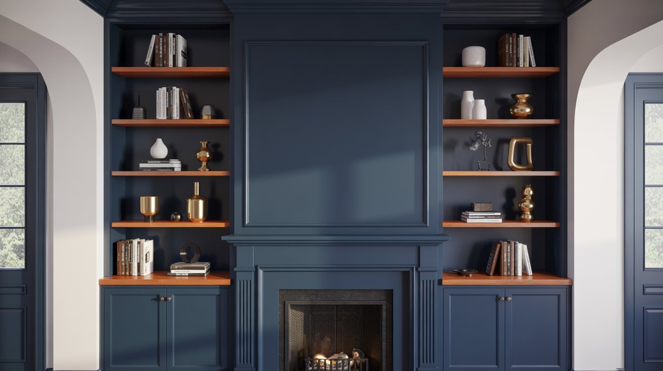 Navy Blue Built Ins Around Fireplace for Rich Color