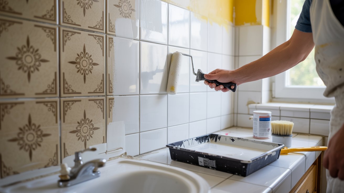 A man painting a bathroom with a paint roller, focused on applying a new layer of paint to the wall.