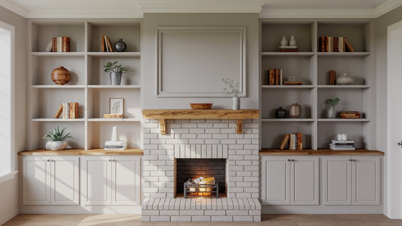Painted Brick Fireplace with Matching Built Ins