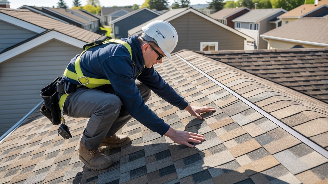 A man wearing a safety vest and hard hat stands on the roof of a house, overseeing construction work.