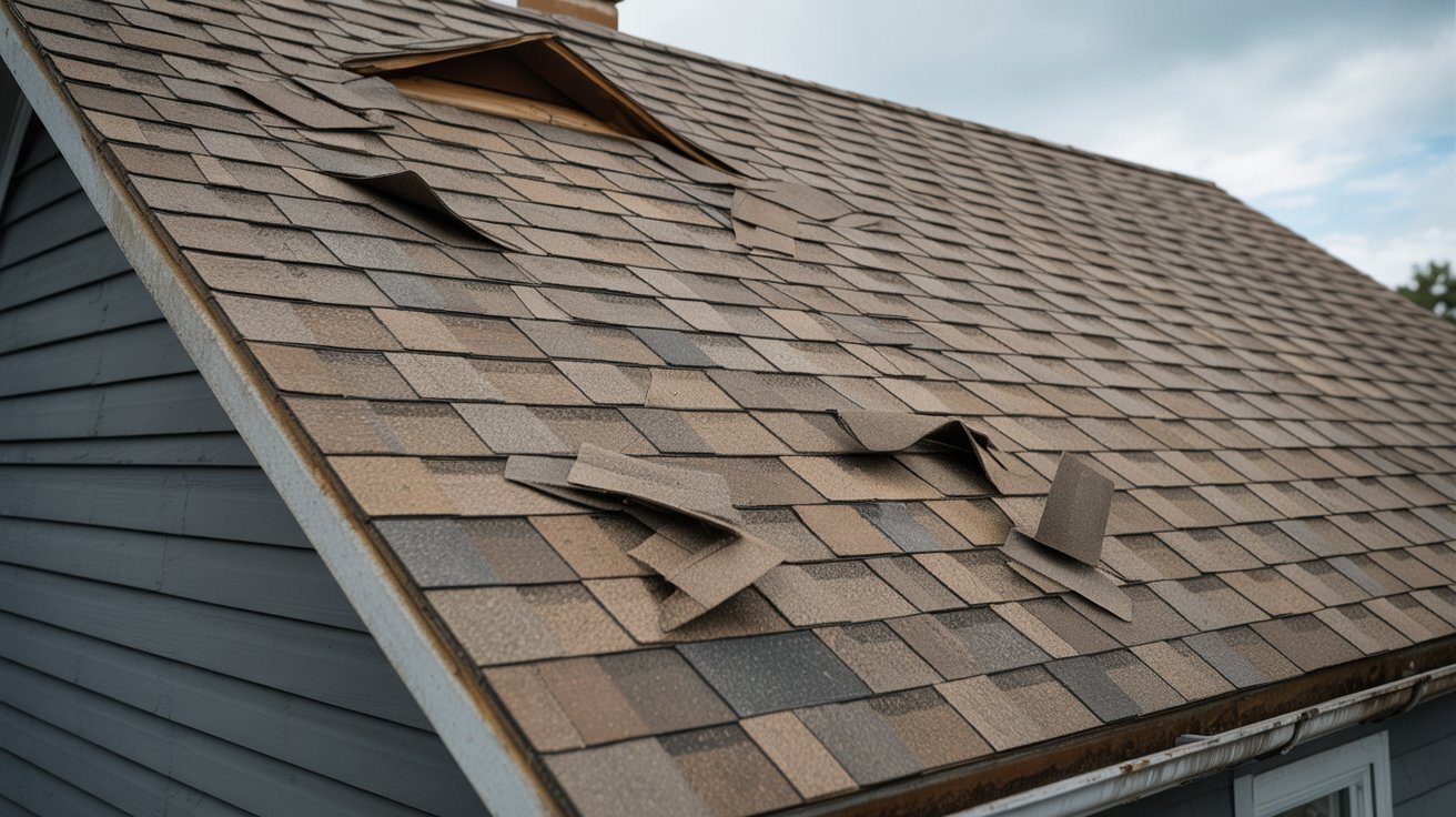  A damaged roof featuring a broken shingle, indicating potential water leakage or structural issues.