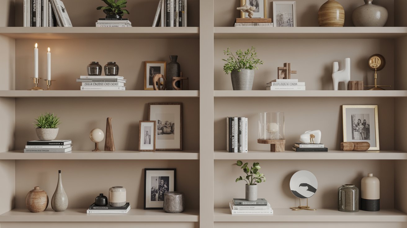  A room featuring shelves stocked with a variety of items, creating a cluttered yet organized appearance.
