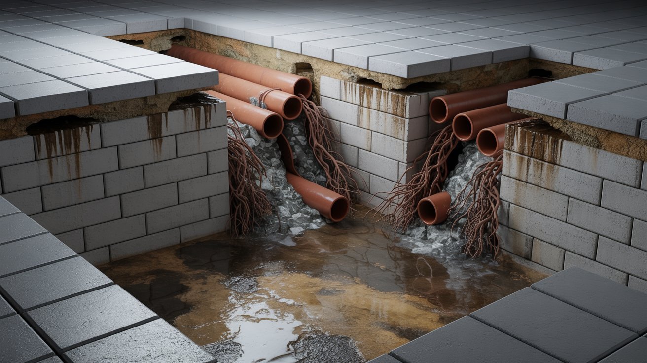 A drain surrounded by pipes, illustrating a plumbing setup on a concrete base.