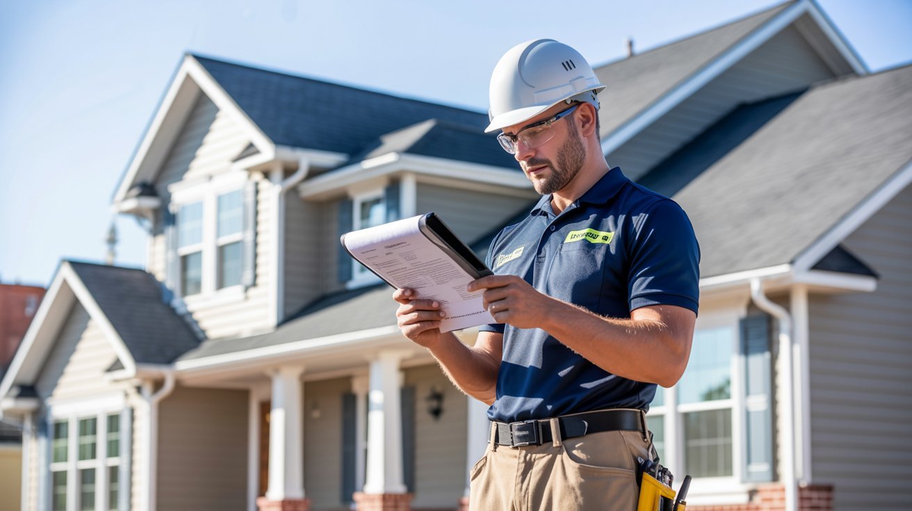 A home inspector examining the exterior of a house in the front yard, clipboard in hand, assessing the property.