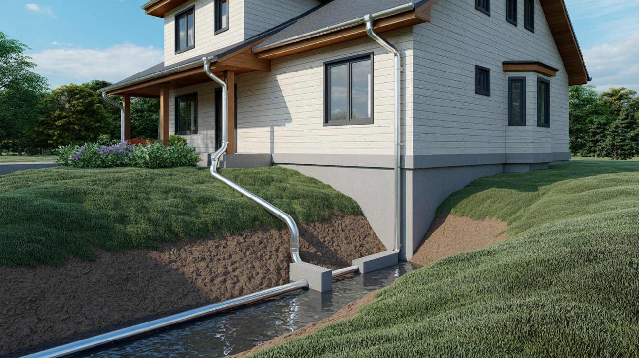 A residential house featuring a water pipe emerging from the ground nearby.