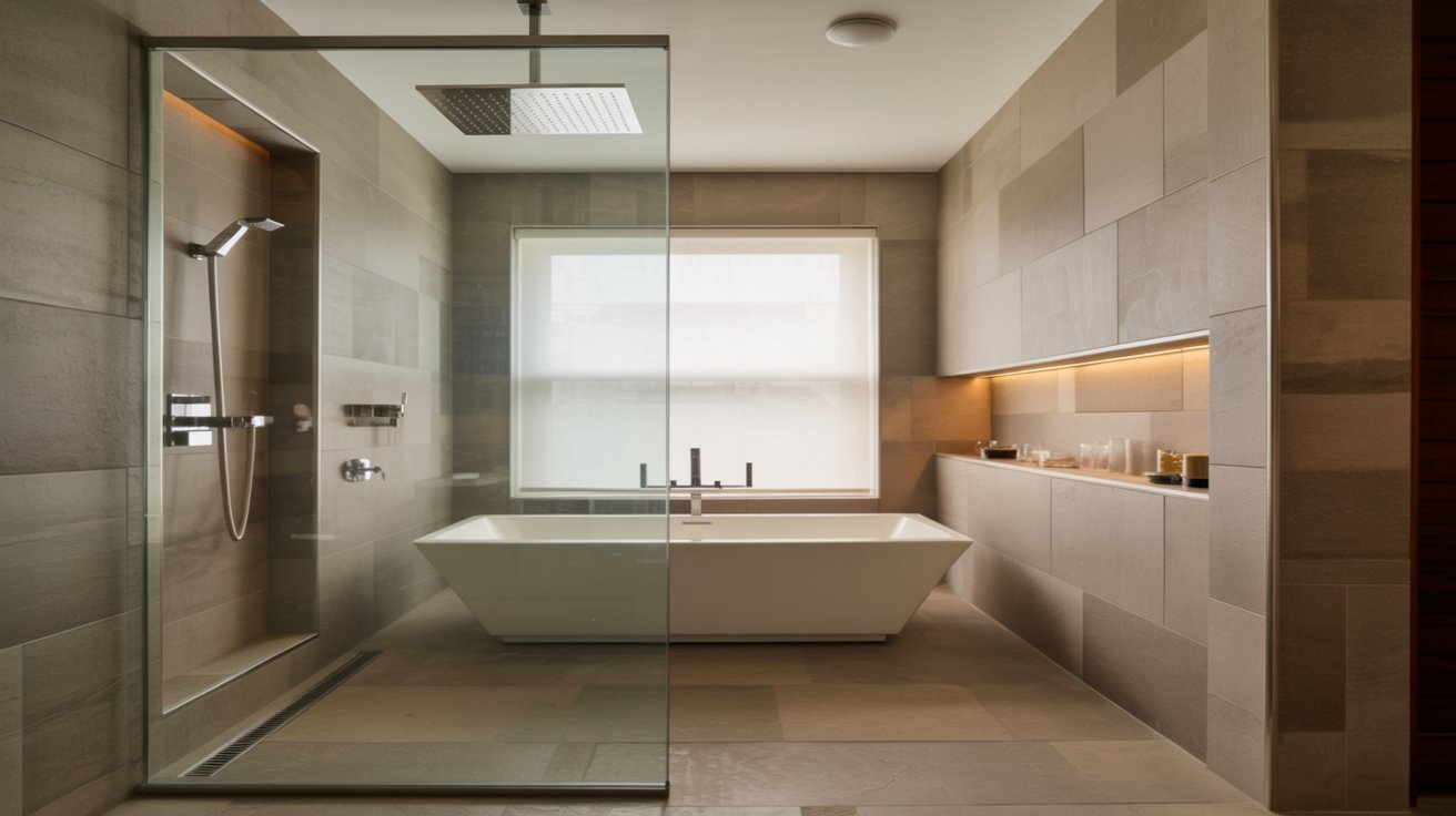 A sleek modern bathroom featuring a glass shower door and contemporary fixtures.