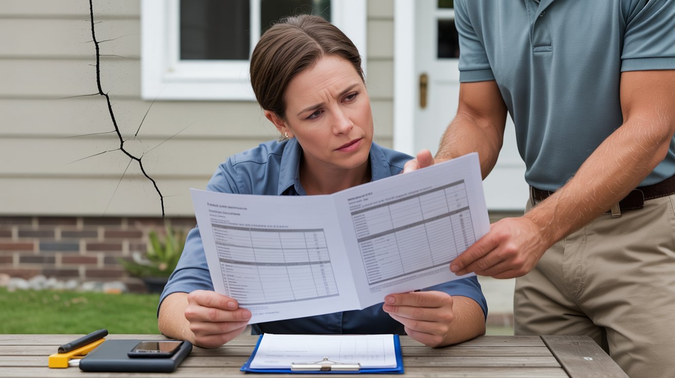  A man and woman reviewing documents together at a table, focused on the paperwork in front of them.