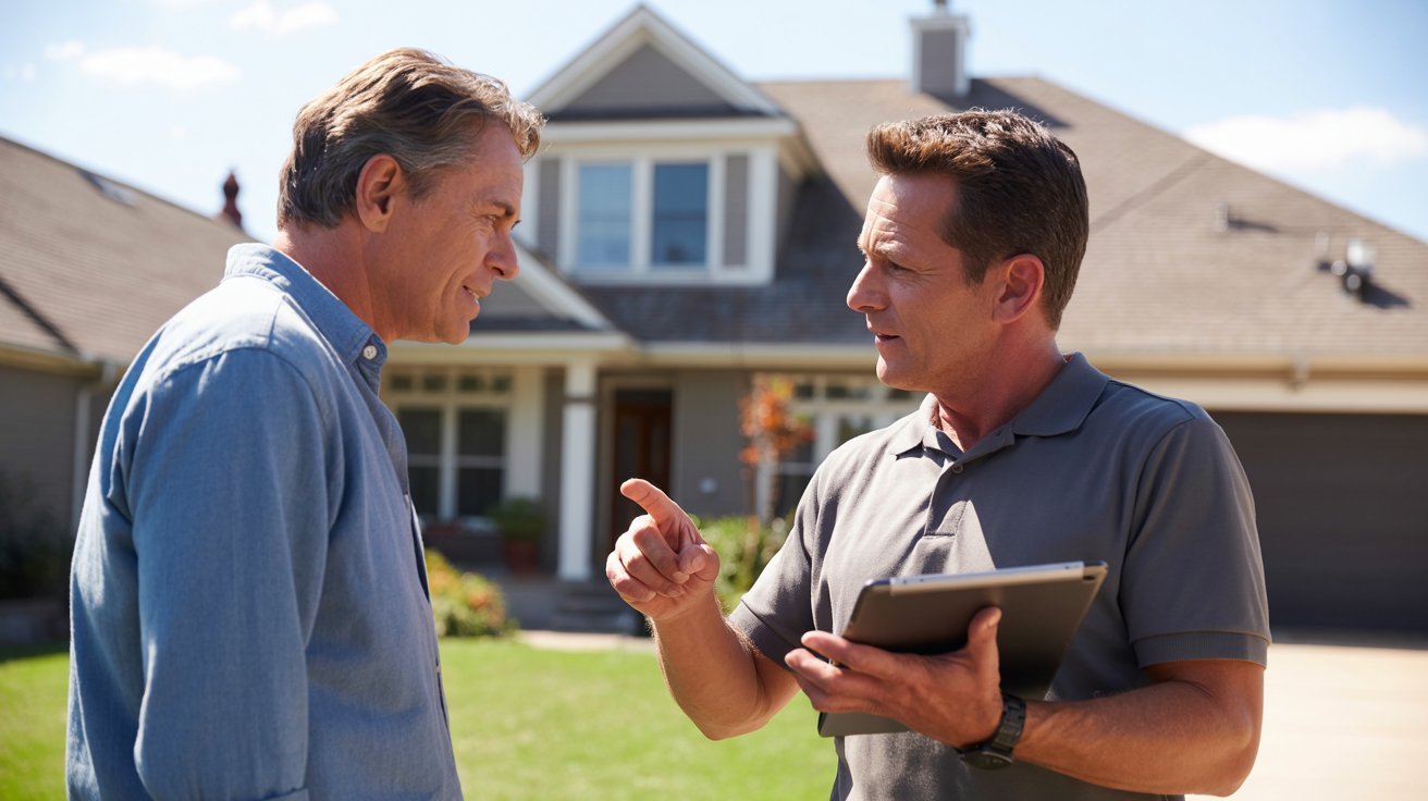 Two men engaged in conversation in front of a house, with a clear view of the building's facade in the background.