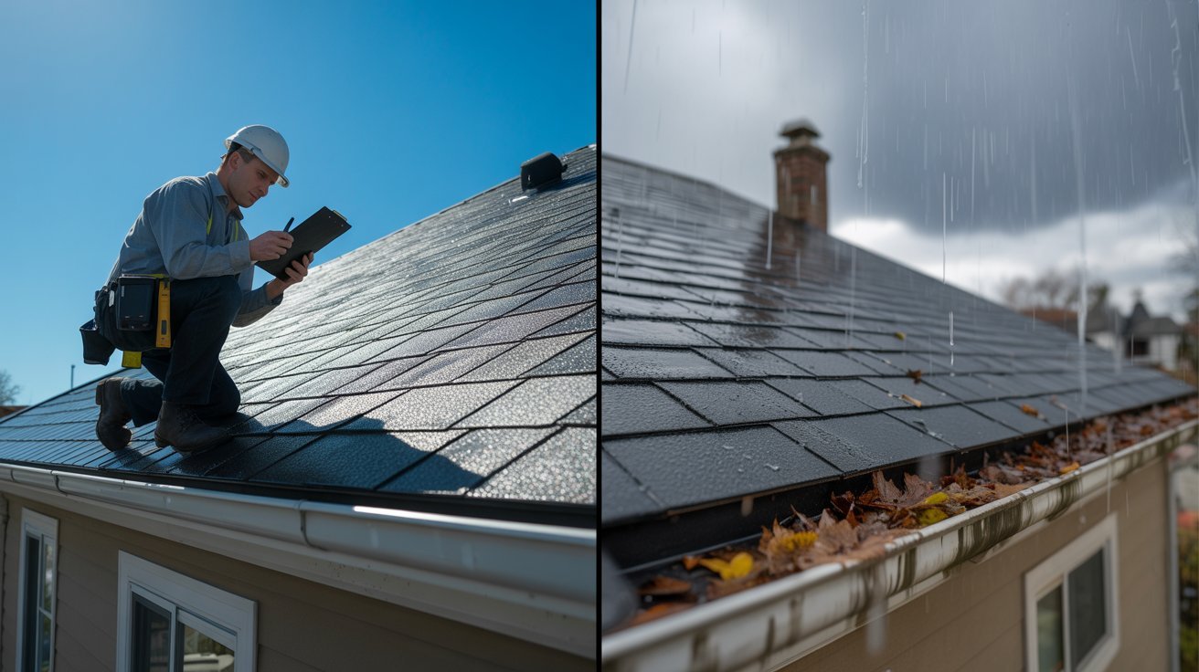 Two images of a man on a rooftop, using a tablet to check information or communicate.