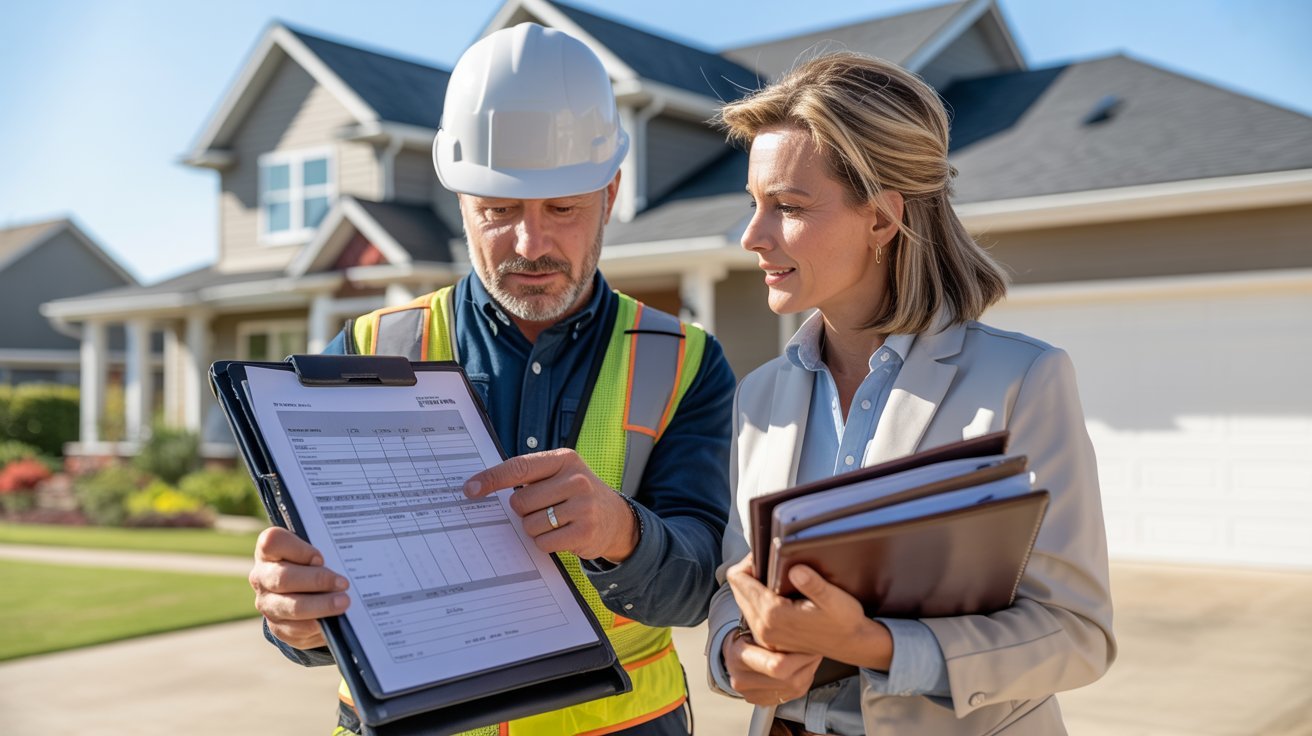 A real estate agent and a client reviewing a document together in an office setting.