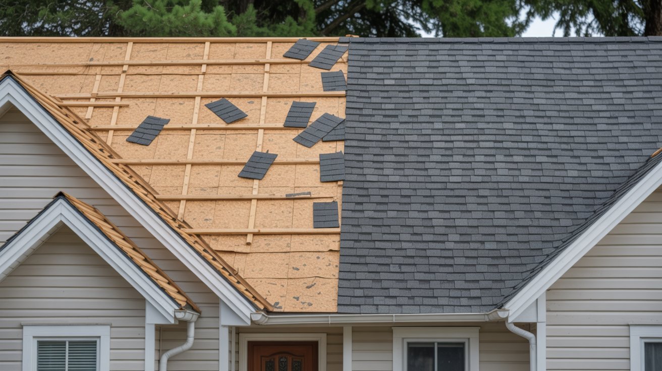 Before and after images showcasing a house renovation, highlighting significant improvements in design and structure.