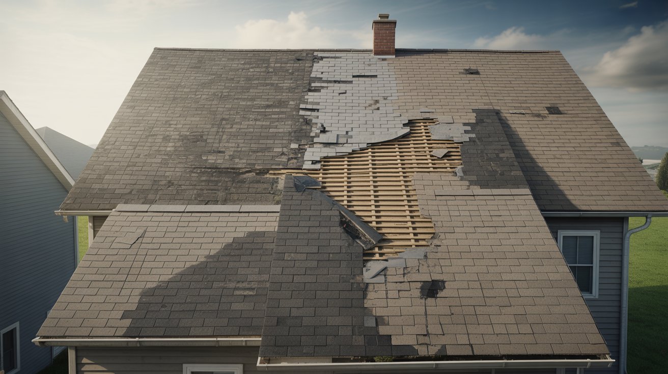 A roof with damaged shingles and a broken window, indicating potential weather-related issues or neglect.