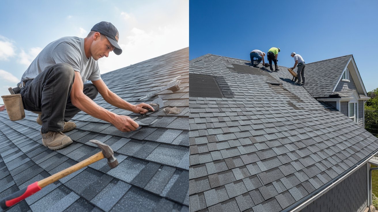 Two images of men collaborating on a rooftop, focused on their tasks and using safety equipment.