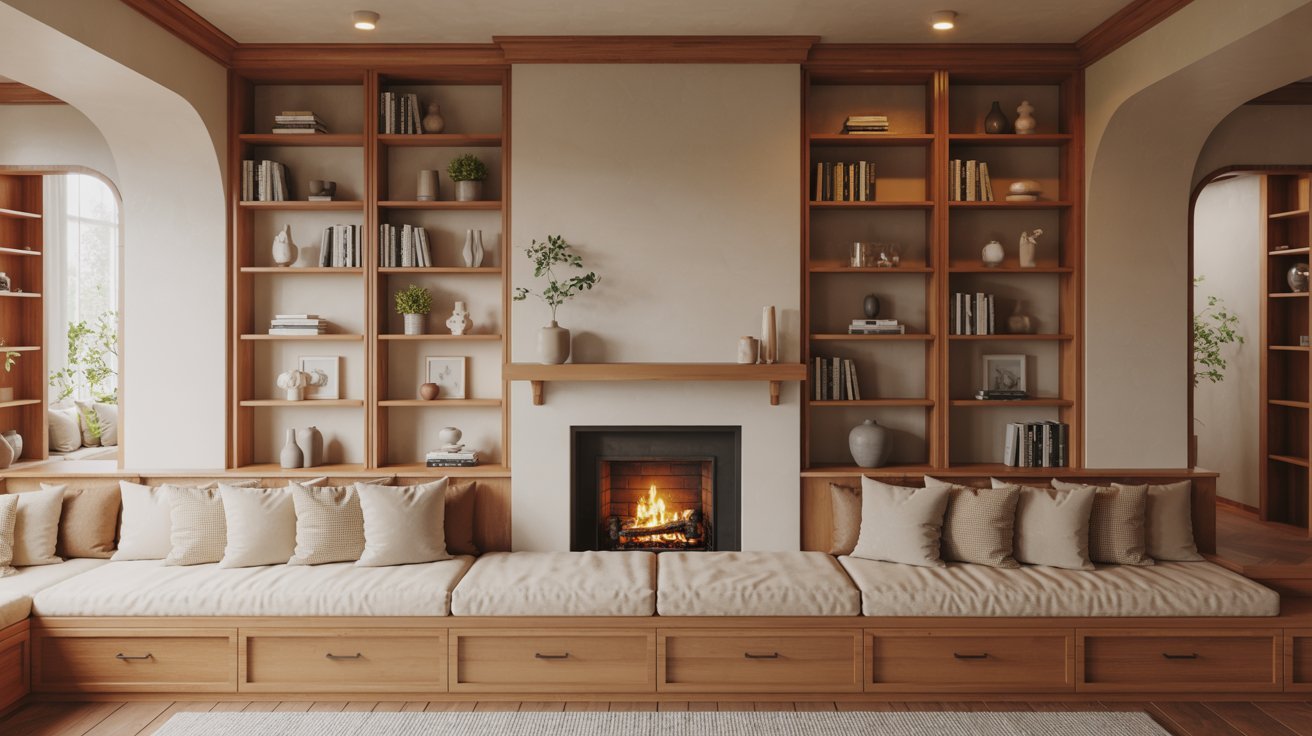 Rustic Built Ins Around Fireplace with Wood Accents