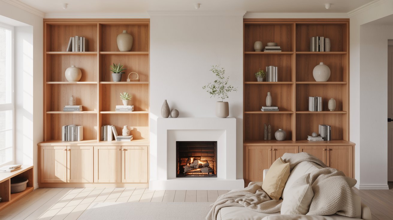 Scandinavian Built Ins Around Fireplace
