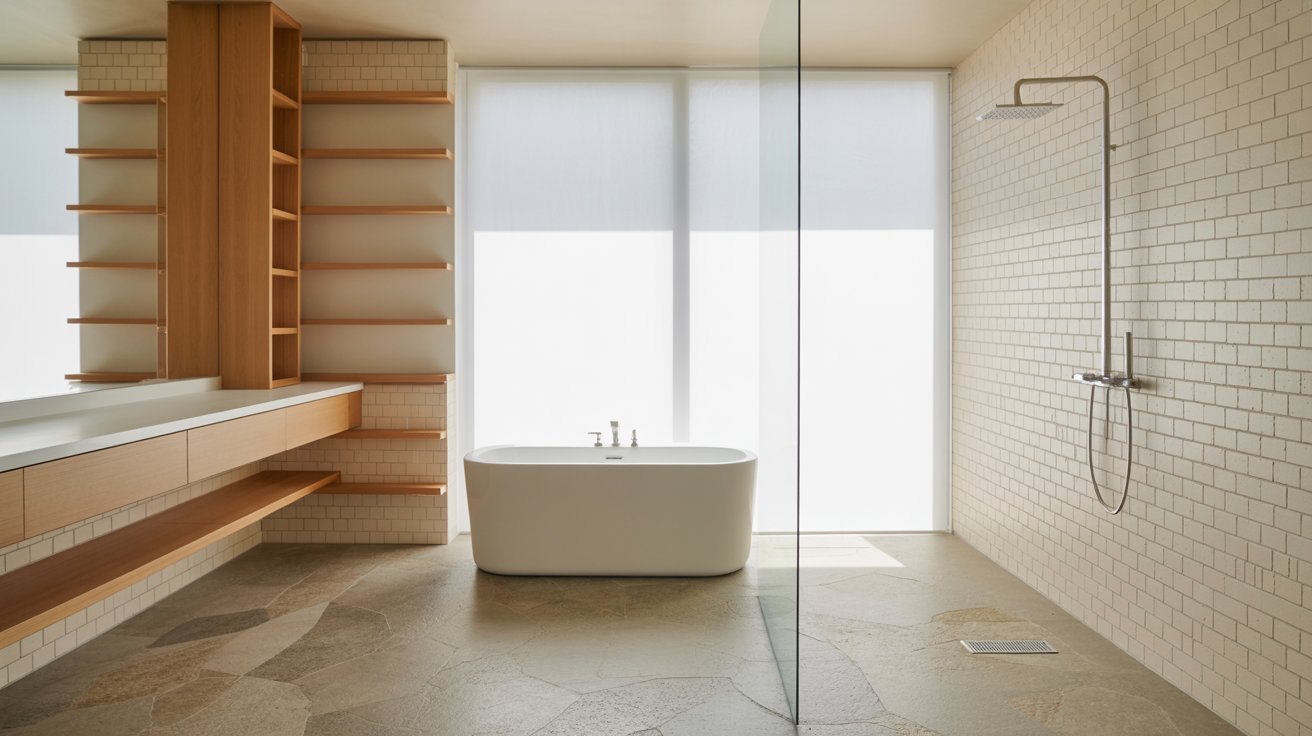  A modern bathroom featuring a sleek bathtub and a contemporary shower area.