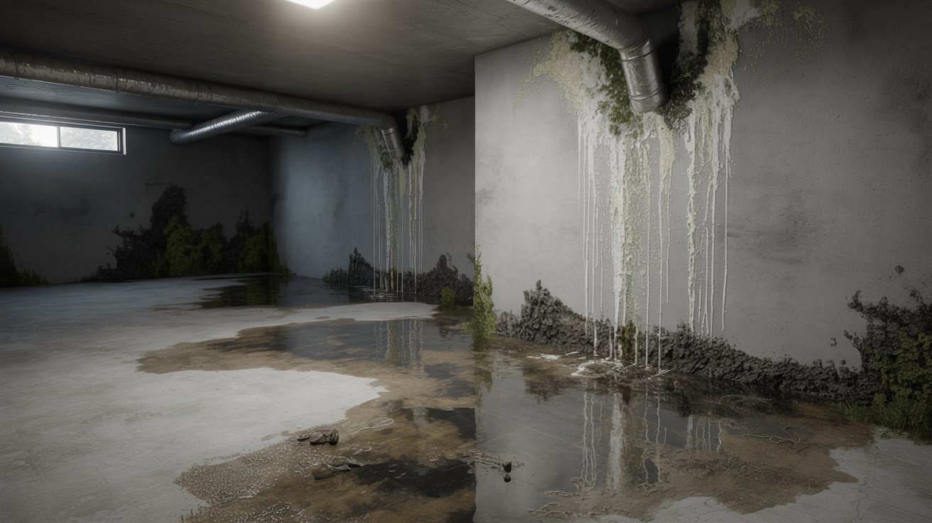 A room with water pooling and visible mold growth on the floor, indicating potential water damage and poor ventilation.