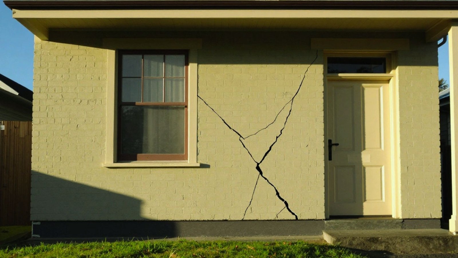 A house featuring a visible crack in the wall and a closed door, highlighting signs of wear and potential damage.
