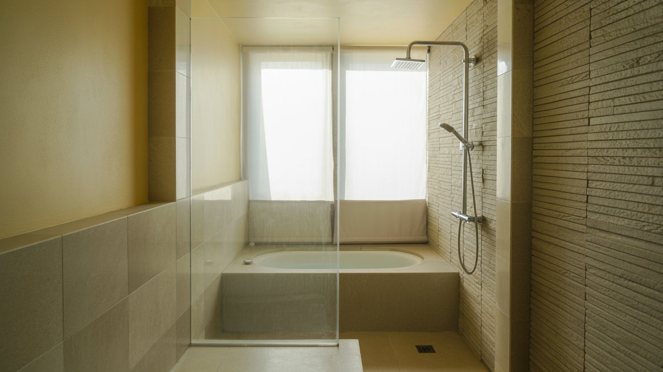 A bathroom featuring a shower and a bathtub, showcasing a clean and modern design.