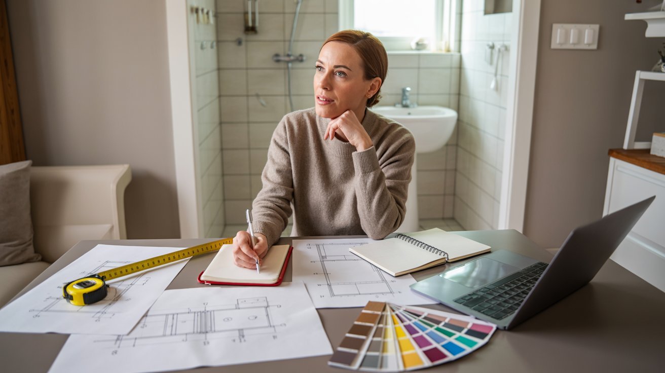 A woman seated at a table surrounded by various construction materials, focused on her project.
