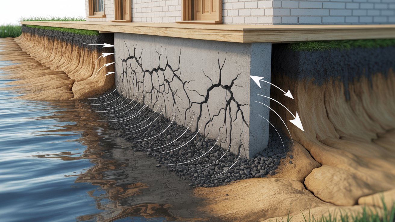  A house with visible foundation cracks, with water flowing into the structure, indicating potential damage and flooding risk.
