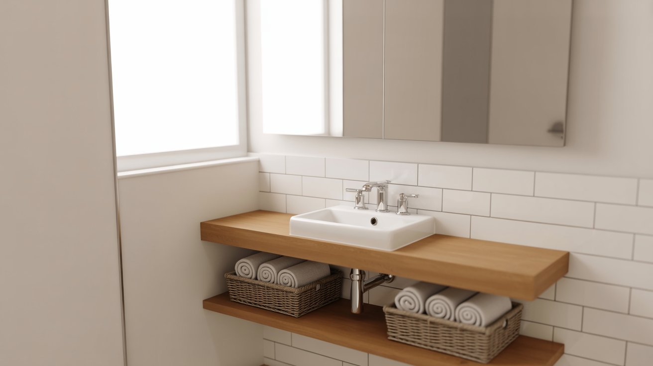 A bathroom featuring a sink, a mirror above it, and two woven baskets for storage.