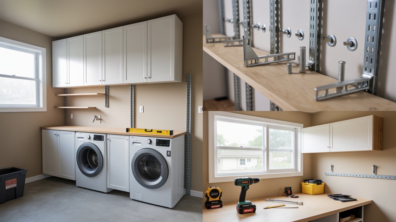 A laundry room featuring a washer and dryer, storage cabinets, and a clean, organized space for laundry tasks.