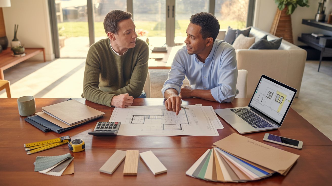 Two men seated at a table, discussing plans with various construction materials spread out before them.
