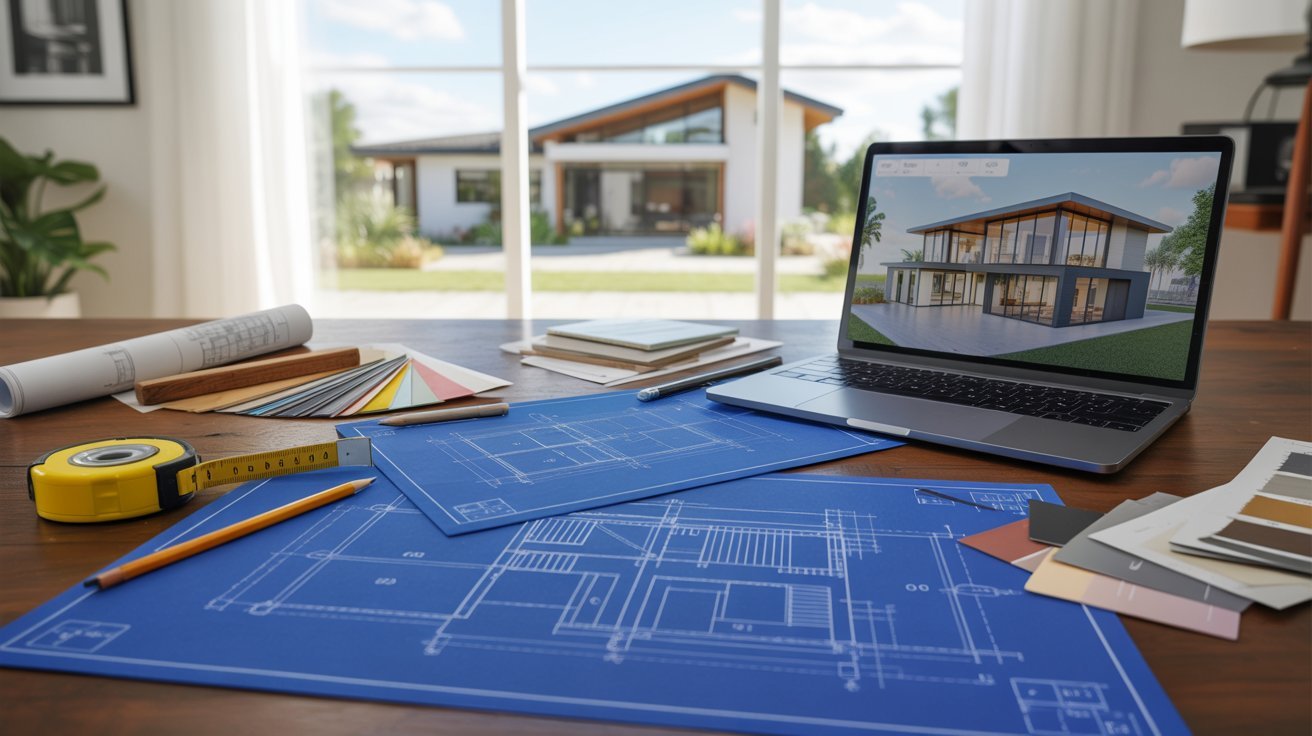 Architectural design plans and blueprints spread out on a desk, showcasing detailed layouts and measurements.