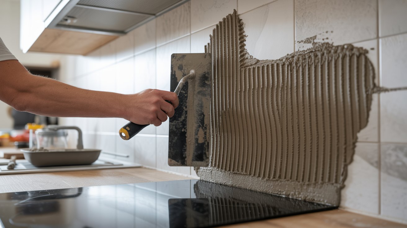 A man is engaged in cutting a tile with a knife, showcasing his craftsmanship.