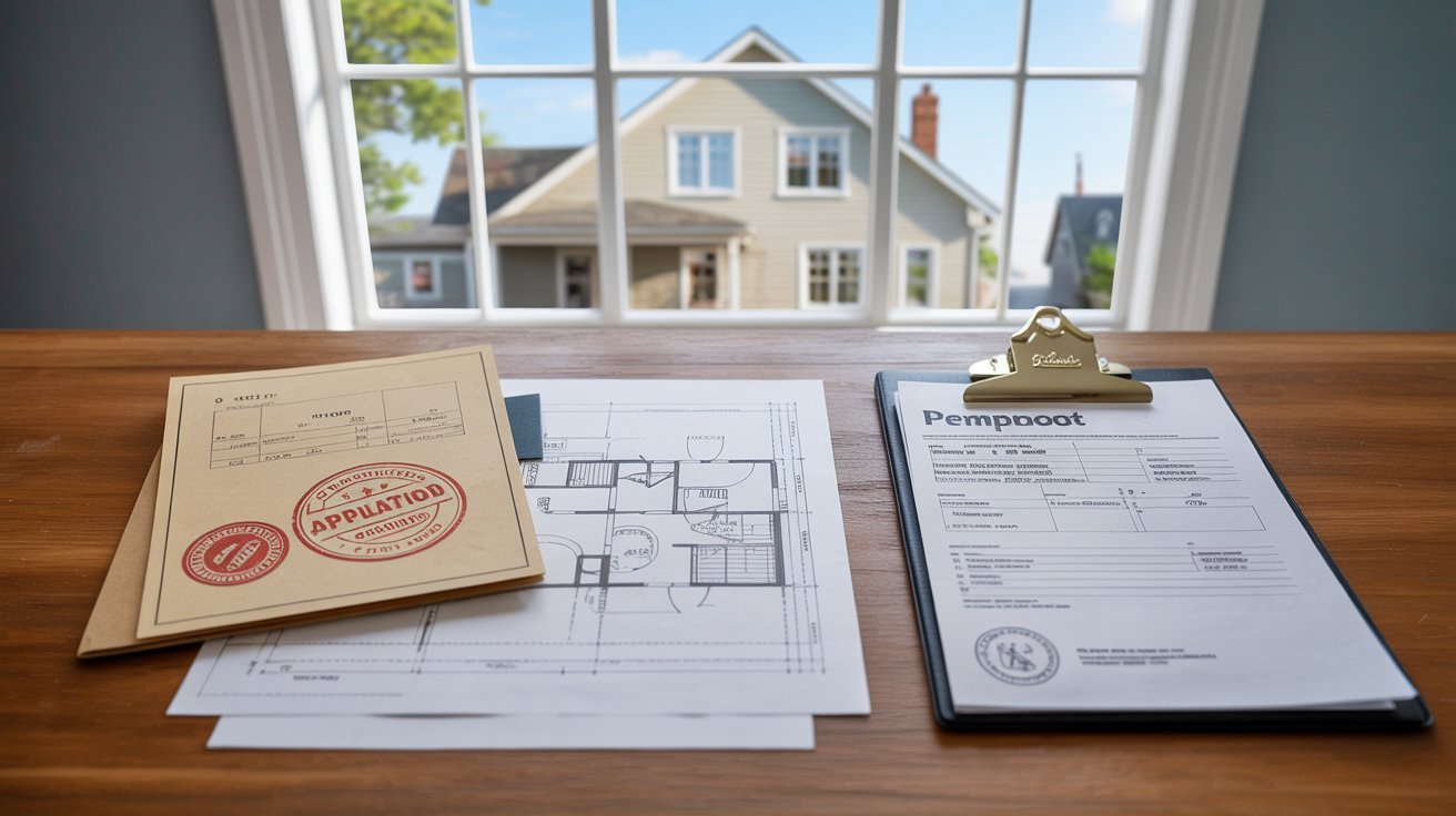 A clipboard, pen, and house plan are arranged on a desk, suggesting preparation for a construction or design project.