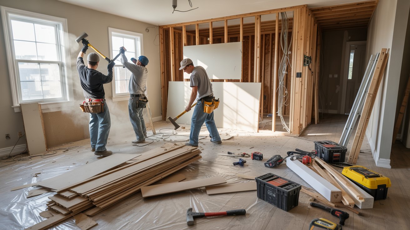 Three men collaborating on a house construction project, surrounded by various building materials and tools.